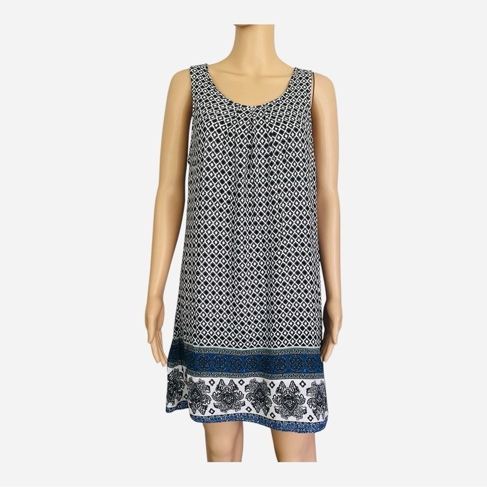 Crescent casual flowy border mosaic swing dress M sleeveless ruched lining